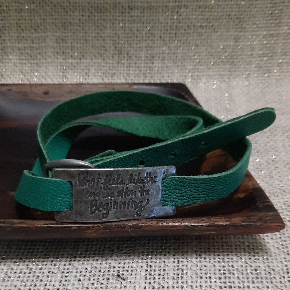 Teal-Green Leather Wrap Bracelet with Antique Silver Plate Inspirational Quote